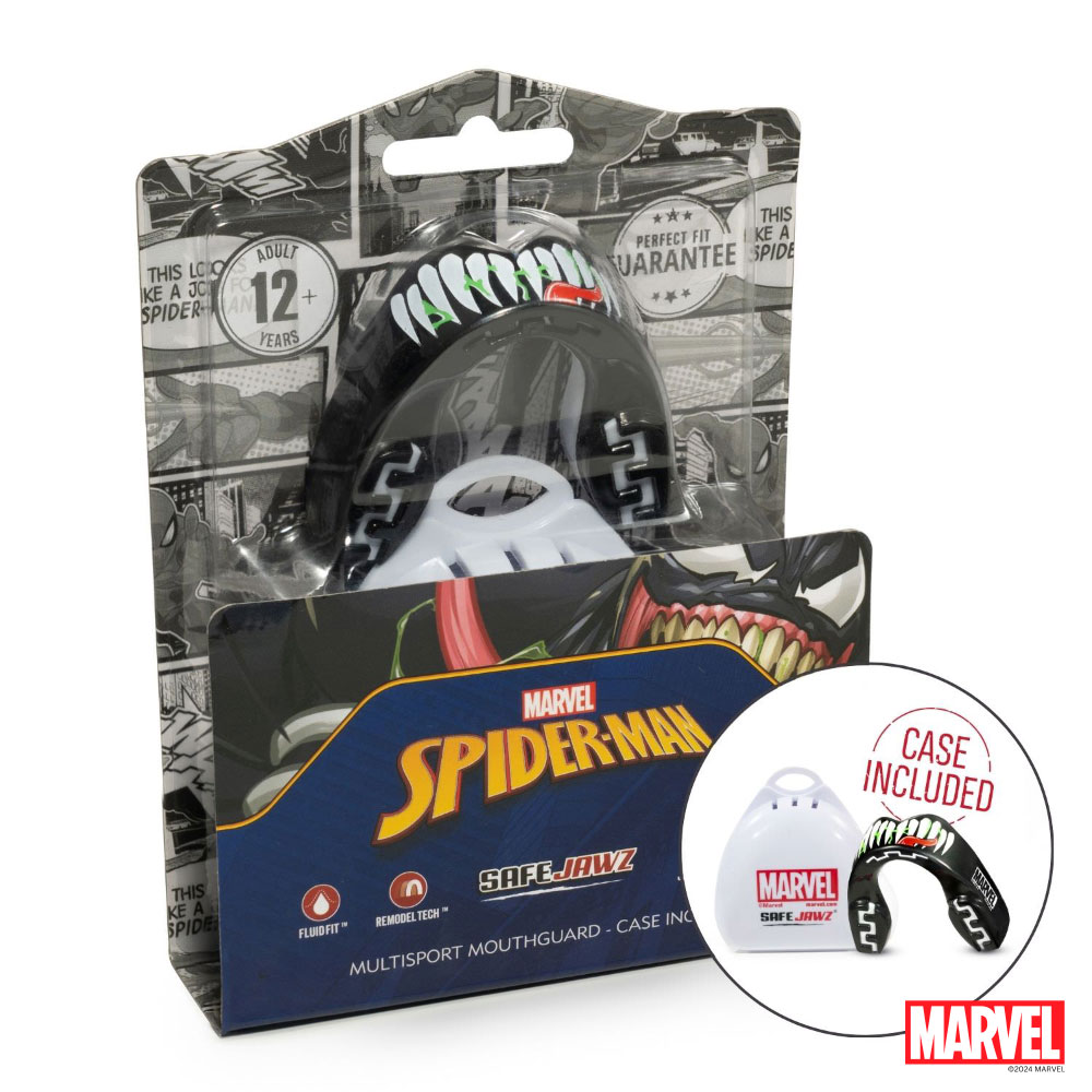 Bocal SAFEJAWZ Marvel Venom Protetor bucal Marvel Spider-Man preto com dentes verdes e vermelhos e estojo branco em embalagem