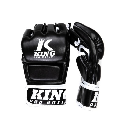 luvas de boxe negras com detalhes brancos e texto KING PRO BOXING