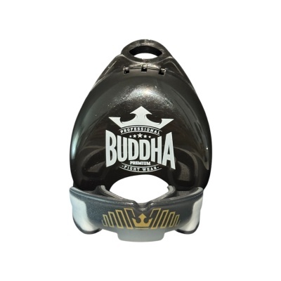 Protetor de cabeça preto para artes marciais com texto e símbolos