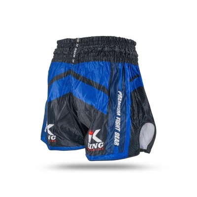 Calções de desporto azul e preto com texto PREMIUM FIGHT GEAR