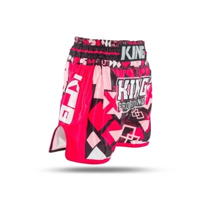 Calções de boxe rosa e vermelho com padrão geométrico e texto KING PRO BOXING