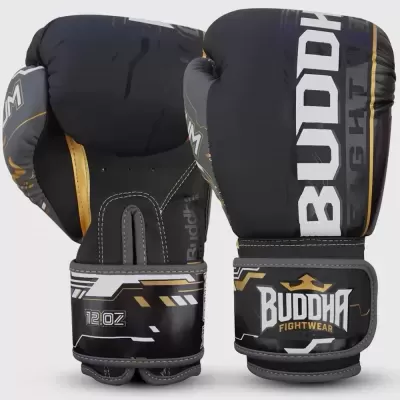 Luvas de boxe pretas com detalhes cinza, branco e dourado e texto BUDDHA FIGHTWEAR 12 OZ