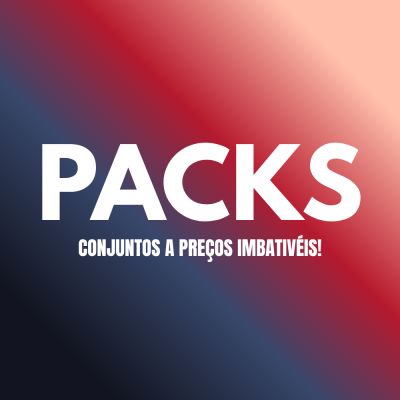 Texto promocional sobre packs com fundo em gradiente de azul, vermelho e bege