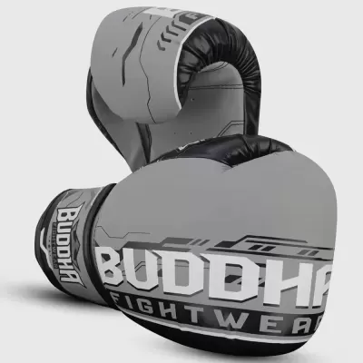 Luvas de boxe cinza com detalhes pretos e texto BUDDHA FIGHT WEAR