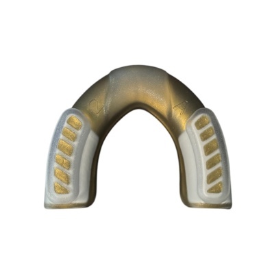 Aparelho em forma de U cinzento e branco com texturas nas extremidades