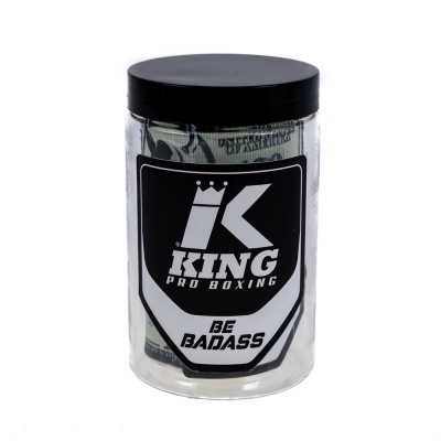 Frasco transparente com tampa preta e etiqueta KING PRO BOXING