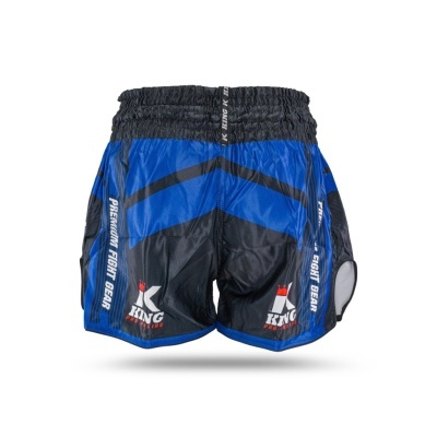 Calções de boxe azul e preto com texto PREMIUM FIGHT GEAR e logo KING PRO BOXING