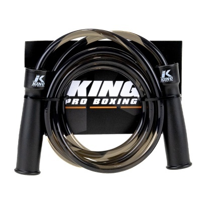 Corda de saltar KING PRO BOXING preta com cabo transparente em embalagem preta.