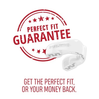 Protetor bucal branco SAFEJAWZ com selo de garantia de ajuste perfeito em vermelho