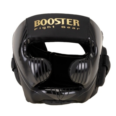 Capacete preto de proteção para boxe com texto dourado BOOSTER Fight Gear