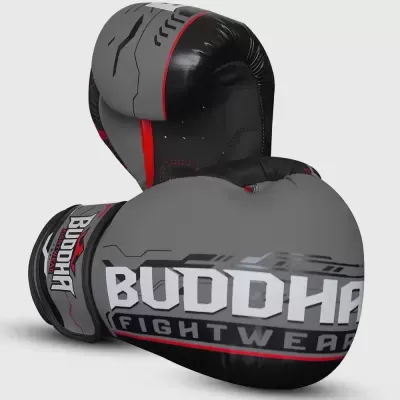 Luvas de boxe cinza e preto com logo Buddha Fightwear
