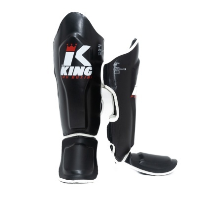 Protetores de canela pretos KING PRO BOXING com detalhes em branco e vermelho