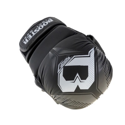 Luva de boxe preta com detalhes em branco e cinza e texto BOOSIER