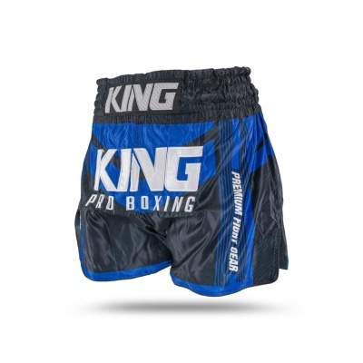Calções de boxe pretos com detalhes azuis e texto KING PRO BOXING e PREMIUM FIGHT GEAR