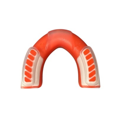 Aparelho em forma de U laranja e cinza sobre fundo branco