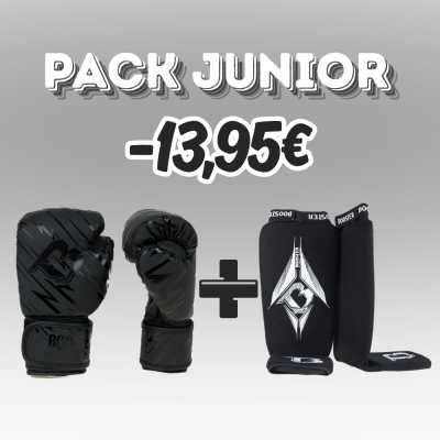 Luvas e protetores de canela pretos para boxe com texto BOOSTER e preço 13,95€