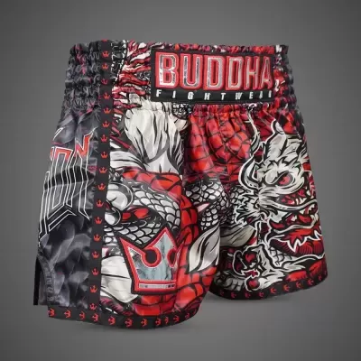 Calções de luta budista com padrão de dragão e logótipo BUDDHA FIGHTWEAR