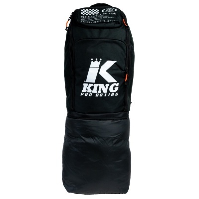Mochila preta KING PRO BOXING com texto branco e detalhes laranja