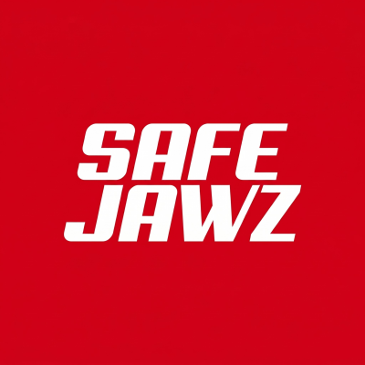 Fundo vermelho com texto branco SAFE JAWZ em letras grandes