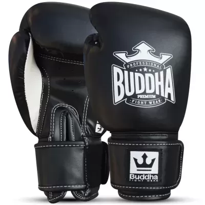 Luvas de boxe pretas com logotipo Buddha e fecho de velcro