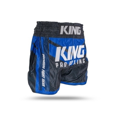 Calções de boxe KING em azul e preto com texto branco