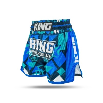 Calções de boxe KING PRO BOXING azuis com padrão geométrico e cintura elástica.