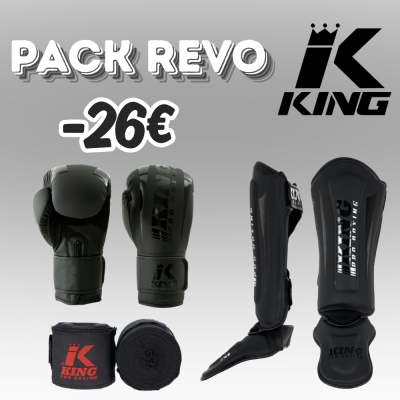 Equipamento de boxe preto KING com luvas, protetores e bandas, segunda imagem texto promocional