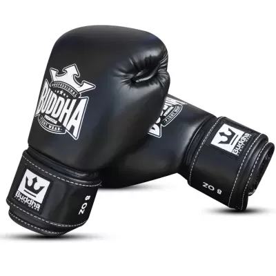 Par de luvas de boxe pretas com logo branco BUDDHA e peso 20 oz