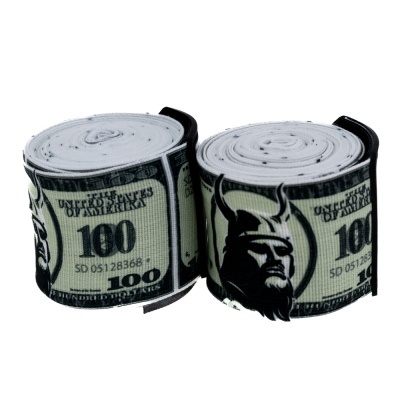 Duas faixas de tecido enroladas com estampado de notas de 100 dólares.