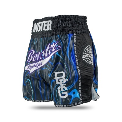 Calções de treino para desportos de combate preto com detalhes azuis e texto booster