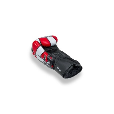 Luva de boxe vermelha, branca e preta com velcro e texto 16 OZ.