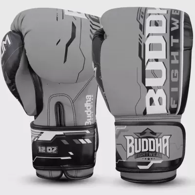 Luvas de boxe cinza e preto com marca Buddha Fightwear e tamanho 12 OZ.