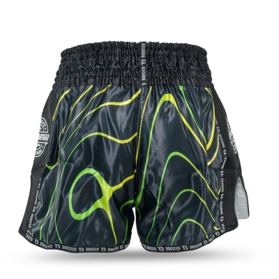 Calções desportivos masculinos pretos com padrão verde e amarelo e detalhes escritos BOOSTER.