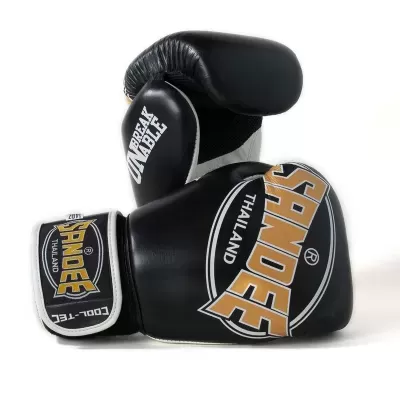 Luvas de boxe pretas SANDEE THAILAND com texto branco e amarelo