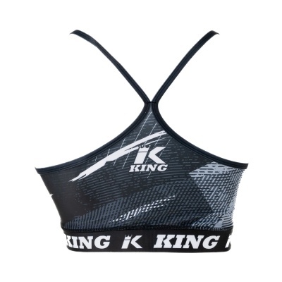Top desportivo preto com padrões cinzentos e brancos e elástico inferior com texto KING