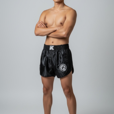 Homem com calções de treino pretos brilhantes, logótipos brancos, fundo cinza