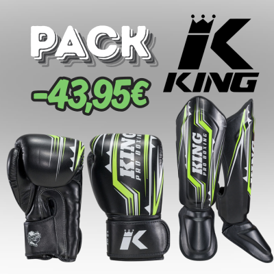 Luvas e caneleiras de boxe pretas King Pro Boxing com detalhes verdes e brancos