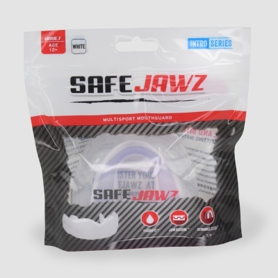 Embalagem plástica de protetor bucal multisport SAFE JAWZ branco