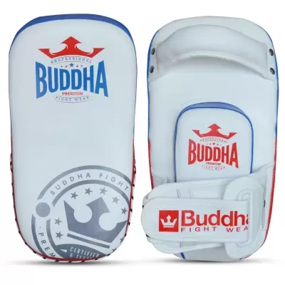 Manoplas de treino artes marciais Buddha, brancas com azul e vermelho, logótipos visíveis