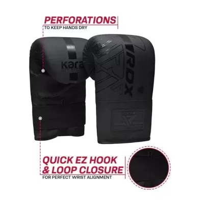 Luvas de boxe pretas com fecho em velcro e textos explicativos