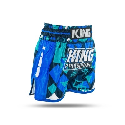 Calções de boxe KING PRO BOXING azul com padrão geométrico e cintura elástica