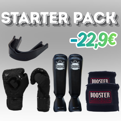 Equipamento de combate preto com marcas BOOSTER e BUDDHA sobre fundo cinzento