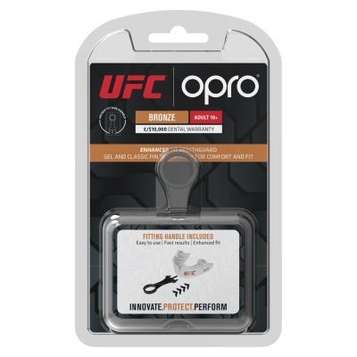Protetor bucal UFC Opro Bronze para adultos com alça de ajuste em embalagem preta e bronze