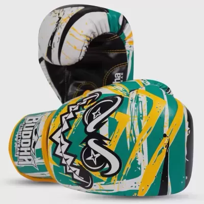 Luvas de boxe coloridas com estampa e texto Buddah Fightwear