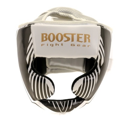 Protetor de cabeça branco e preto com texto BOOSTER fight gear