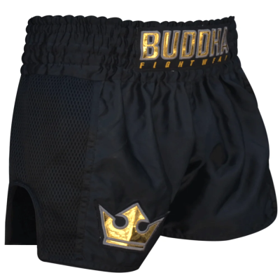 Calções de desporto pretos com detalhes dourados com texto BUDDHA FIGHTWEAR