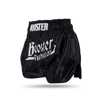 Calções de boxe pretos com texto branco BOOSTER e Booster Fightgear