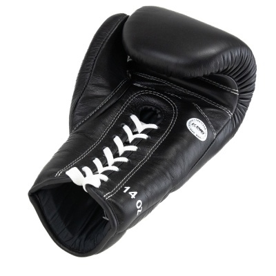 Luva de boxe preta em couro com cordões brancos e texto 14 OZ
