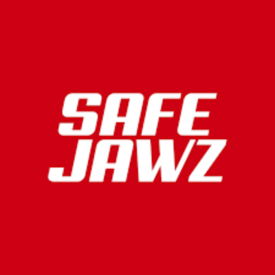 Logótipo branco SAFE JAWZ em fundo vermelho