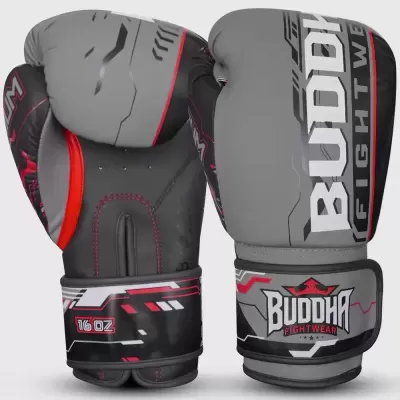 Luvas de boxe cinza e preto com texto BUDDHA FIGHTWEAR e 16 OZ